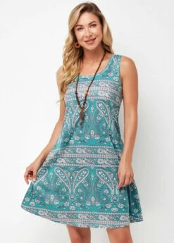 Wide Strap Tribal Print A Line Dress