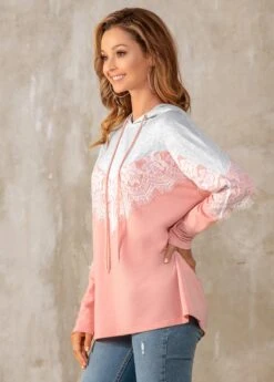 Contrast Lace Stitching Drawstring Detail Hoodie -Modlily Shop 273670 P 16261634749063