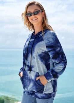 Kangaroo Pocket Drawstring Detail Tie Dye Print Hoodie -Modlily Shop 274588 P 16279839624612