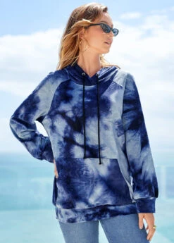 Kangaroo Pocket Drawstring Detail Tie Dye Print Hoodie -Modlily Shop 274588 P 16279839625323