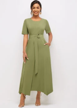 Round Neck Asymmetric Hem Solid Dress