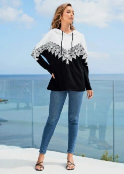 Lace Stitching Color Block Long Sleeve Hoodie -Modlily Shop 275805 P 16282122428344
