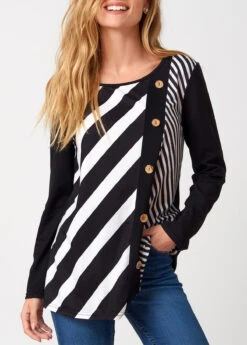 Decorative Button Stripe Print Long Sleeve T Shirt -Modlily Shop 275965 P 16285945600742