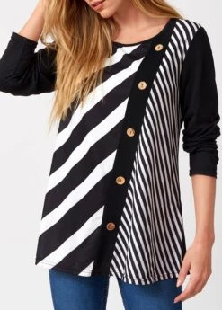 Decorative Button Stripe Print Long Sleeve T Shirt