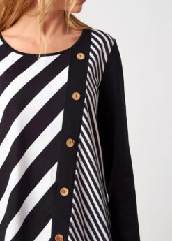 Decorative Button Stripe Print Long Sleeve T Shirt -Modlily Shop 275965 P 16285945605294