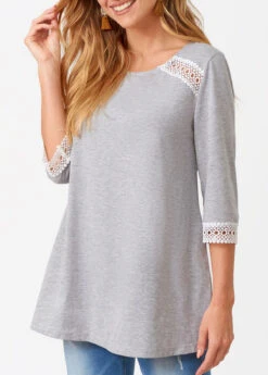 Lace Patchwork Three Quarters Sleeve Round Neck T Shirt -Modlily Shop 276071 P 16286514804772