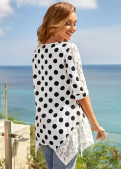 Lace Stitching Polka Dot 3/4 Sleeve T Shirt 7 Lace Stitching Polka Dot 3/4 Sleeve T Shirt -Modlily Shop 276083 P 16268500134111