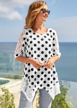 Lace Stitching Polka Dot 3/4 Sleeve T Shirt 8 Lace Stitching Polka Dot 3/4 Sleeve T Shirt -Modlily Shop 276083 P 16268500134652