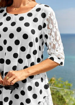 Lace Stitching Polka Dot 3/4 Sleeve T Shirt 9 Lace Stitching Polka Dot 3/4 Sleeve T Shirt -Modlily Shop 276083 P 16268500148883