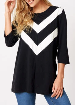 Chevron Print Round Neck 3/4 Sleeve T Shirt -Modlily Shop 276264 P 16282233251932