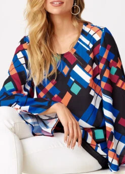 Geometric Print Long Sleeve Round Neck T Shirt -Modlily Shop 276309 P 16282276466164