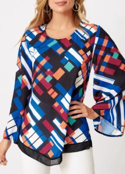 Geometric Print Long Sleeve Round Neck T Shirt -Modlily Shop 276309 P 16282276469233