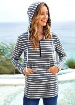 Quarter Zip Striped Long Sleeve Hoodie -Modlily Shop 276605 P 16282121410684