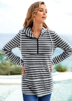 Quarter Zip Striped Long Sleeve Hoodie -Modlily Shop 276605 P 16282121413923