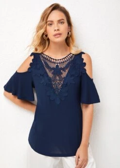 Lace Stitching Cold Shoulder Cross Strap T Shirt -Modlily Shop 276846 P 16279552843973