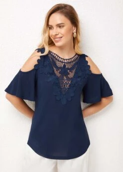 Lace Stitching Cold Shoulder Cross Strap T Shirt -Modlily Shop 276846 P 16279552845564