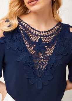 Lace Stitching Cold Shoulder Cross Strap T Shirt -Modlily Shop 276846 P 16279552849795
