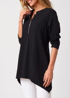 Black Asymmetric Hem Zipper Long Sleeve T Shirt -Modlily Shop 276933 P 16286591293562