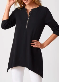 Black Asymmetric Hem Zipper Long Sleeve T Shirt -Modlily Shop 276933 P 16286591295743