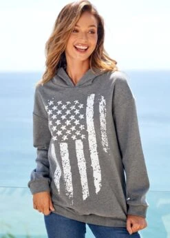American Flag Print Long Sleeve Grey Hoodie