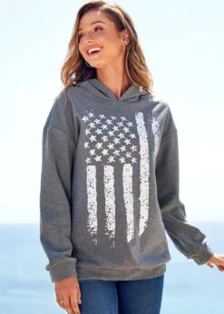 American Flag Print Long Sleeve Grey Hoodie -Modlily Shop 277216 P 16299472085582