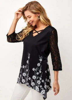 Lace Stitching Asymmetric Hem Black T Shirt -Modlily Shop 277431 P 16277200313673