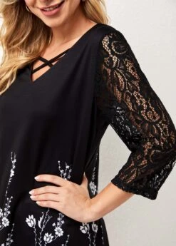 Lace Stitching Asymmetric Hem Black T Shirt -Modlily Shop 277431 P 16277200313862