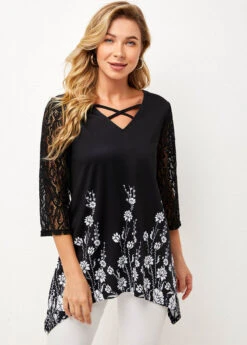 Lace Stitching Asymmetric Hem Black T Shirt