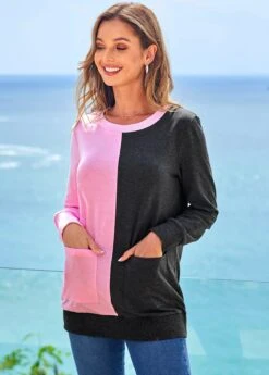 Contrast Pocket Round Neck Long Sleeve Sweatshirt -Modlily Shop 277975 P 16291144451583