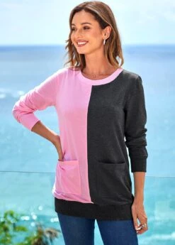 Contrast Pocket Round Neck Long Sleeve Sweatshirt -Modlily Shop 277975 P 16291144457862