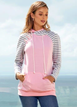 Kangaroo Pocket Striped Long Sleeve Hoodie -Modlily Shop 278360 P 16282522582352