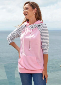 Kangaroo Pocket Striped Long Sleeve Hoodie -Modlily Shop 278360 P 16282522586114