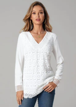 Lace Splicing Solid Long Sleeve V Neck T Shirt -Modlily Shop 279168 P 16287664253753