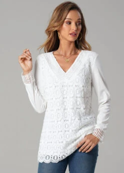 Lace Splicing Solid Long Sleeve V Neck T Shirt -Modlily Shop 279168 P 16287664257854