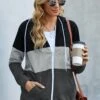 Contrast Drawstring Detail Zipper Closure Hoodie