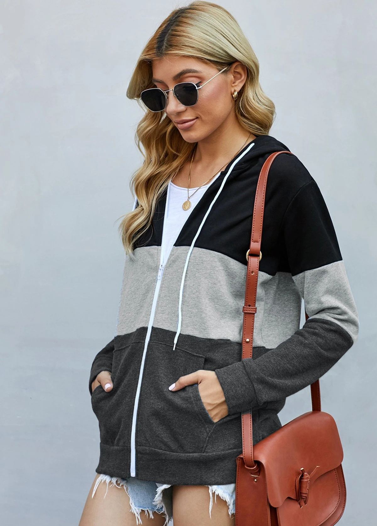 Contrast Drawstring Detail Zipper Closure Hoodie 5 Contrast Drawstring Detail Zipper Closure Hoodie - Image 3
