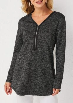 Quarter Zip Long Sleeve V Neck Eyelet Sweatshirt -Modlily Shop 279313 P 16290798005242