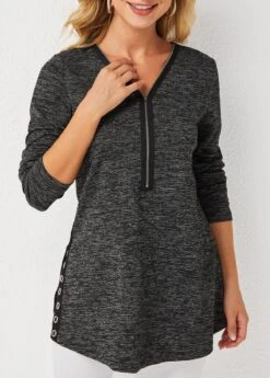 Quarter Zip Long Sleeve V Neck Eyelet Sweatshirt -Modlily Shop 279313 P 16290798007444