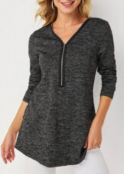Quarter Zip Long Sleeve V Neck Eyelet Sweatshirt -Modlily Shop 279313 P 16290798009353
