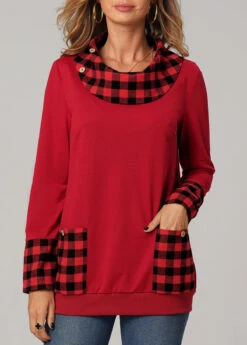 Christmas Plaid Long Sleeve Red Pocket Sweatshirt