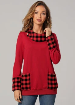 Christmas Plaid Long Sleeve Red Pocket Sweatshirt -Modlily Shop 279693 P 16311776254703