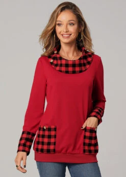 Christmas Plaid Long Sleeve Red Pocket Sweatshirt -Modlily Shop 279693 P 16311776256702