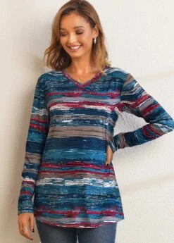 Printed Long Sleeve V Neck T Shirt