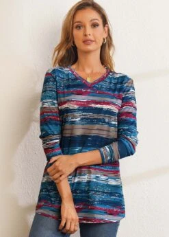 Printed Long Sleeve V Neck T Shirt -Modlily Shop 280237 P 16292781073562