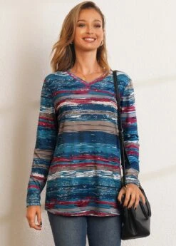 Printed Long Sleeve V Neck T Shirt -Modlily Shop 280237 P 16292781076394