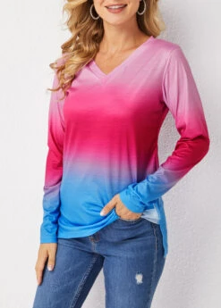 Ombre Long Sleeve V Neck T Shirt 9 Ombre Long Sleeve V Neck T Shirt -Modlily Shop 280266 P 16286732432622