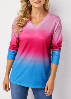 Ombre Long Sleeve V Neck T Shirt 10 Ombre Long Sleeve V Neck T Shirt -Modlily Shop 280266 P 16286732433123