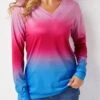 Ombre Long Sleeve V Neck T Shirt -Modlily Shop 280266 P 16286732438790