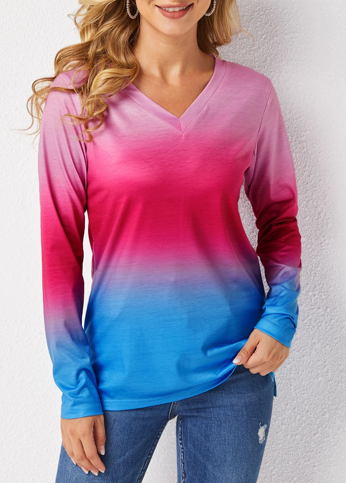 Ombre Long Sleeve V Neck T Shirt 3 Ombre Long Sleeve V Neck T Shirt