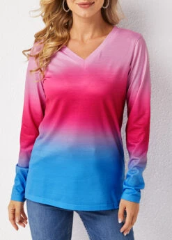 Ombre Long Sleeve V Neck T Shirt 11 Ombre Long Sleeve V Neck T Shirt -Modlily Shop 280266 P 16286732439214